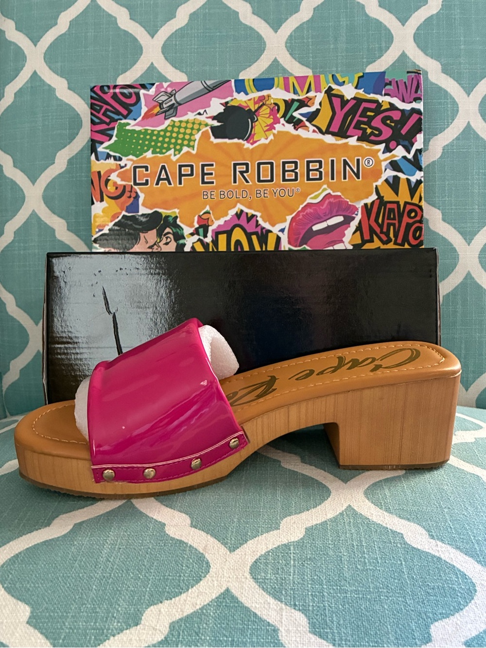 Cape Robbin Pink Patent Slide Clog with Wood-Look Block Heel
